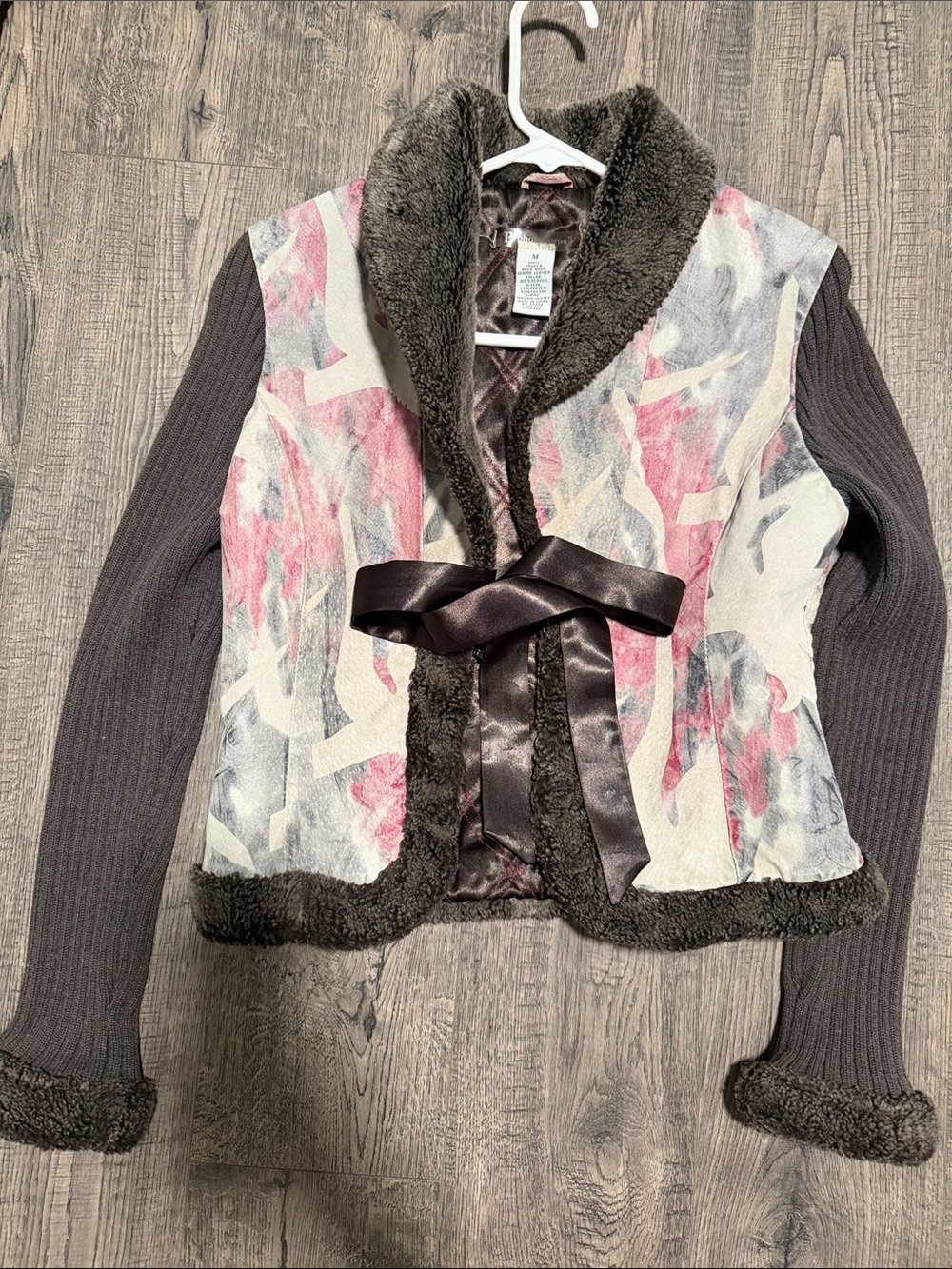 VINTAGE fauxFur Trim Genuime Leather Floral Ribbon Tie Jacket, Pink, Gray, Brown